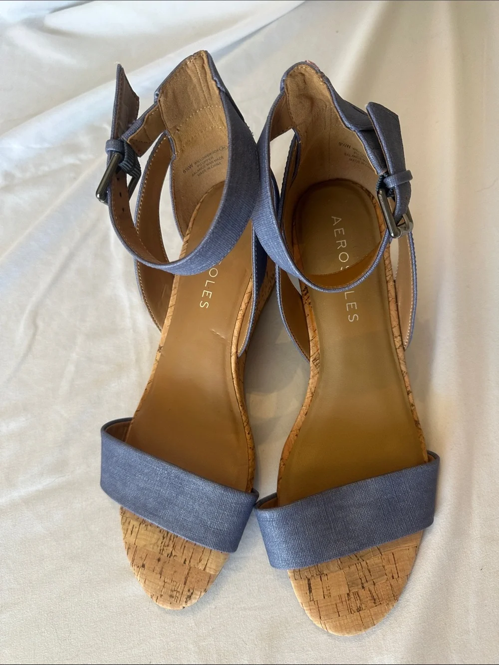 AEROSOLES Denim Blue Cork Wedge Sandals with Ankle Strap